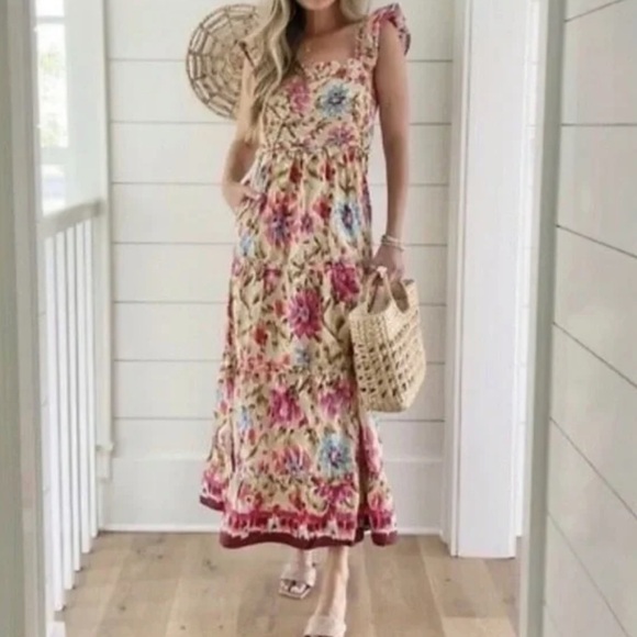 House of Harlow 1960 Dresses & Skirts - House of Harlow 1960 | Floral Zoey Khaki Smocked Tiered Maxi Dress